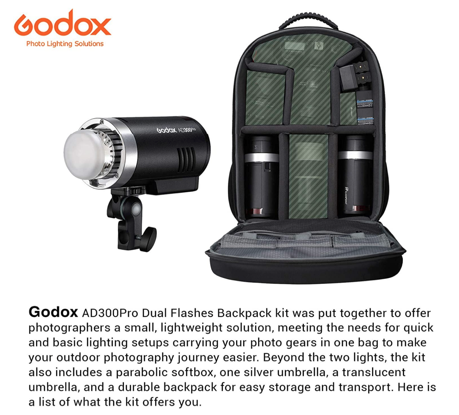 Kit flash Godox AD300Pro x2 + accessoires - Photo 2 sur 4