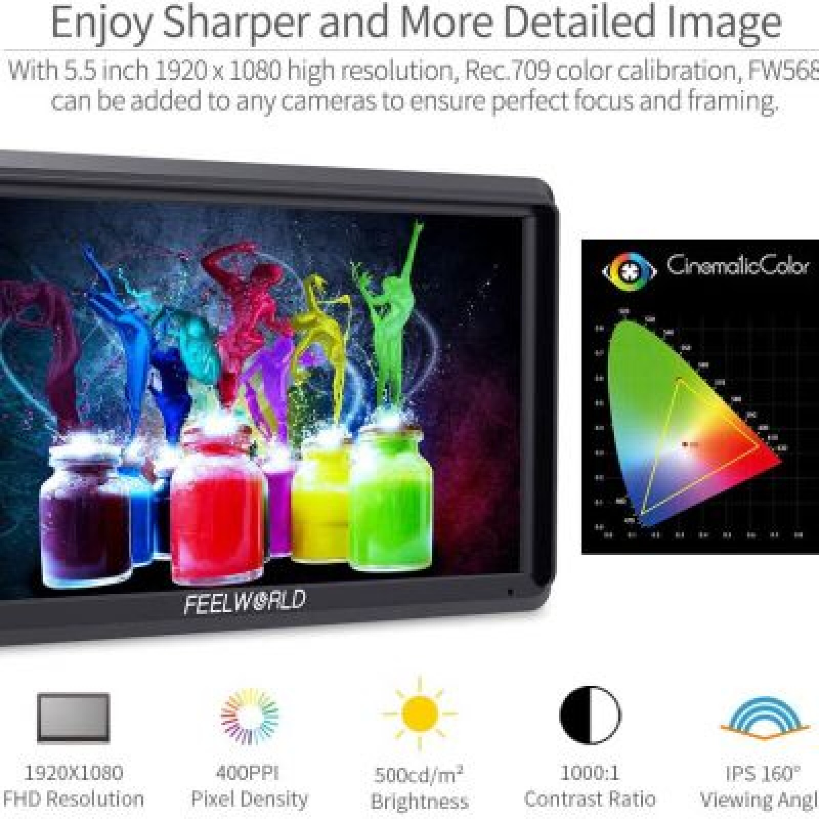 Moniteur Feelworld FW568 5.5 Pouces Full HD 1920x1080 IPS Video Peaking Focus Assist avec 4K HDMI 8.4V DC Input - Photo 4 sur 5